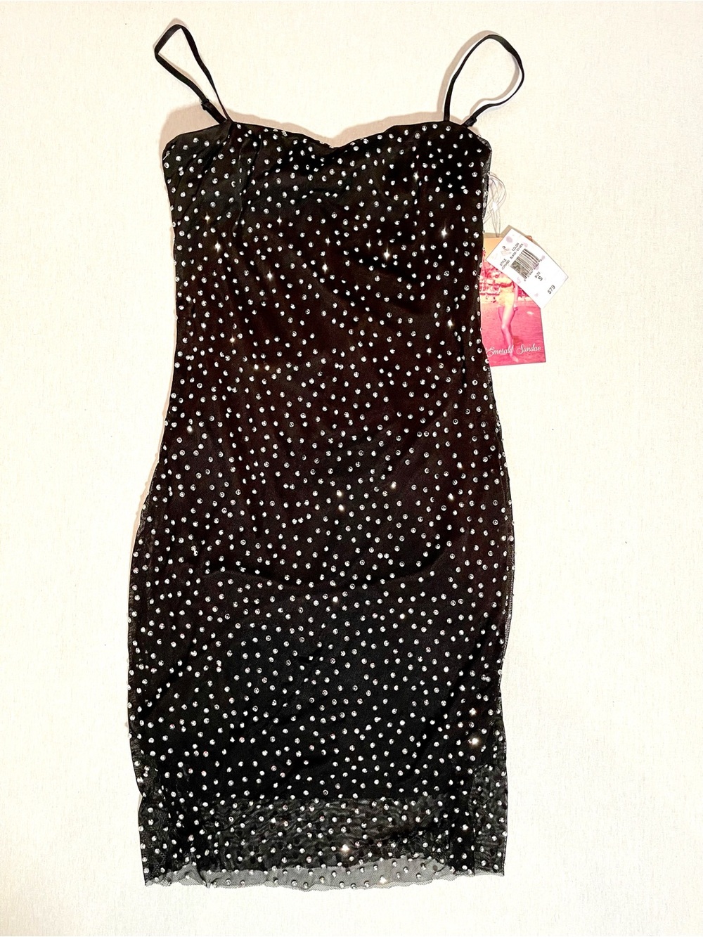 NWT Emerald Sundae Y2K Rhinestone Mini Dress Black Silver Small